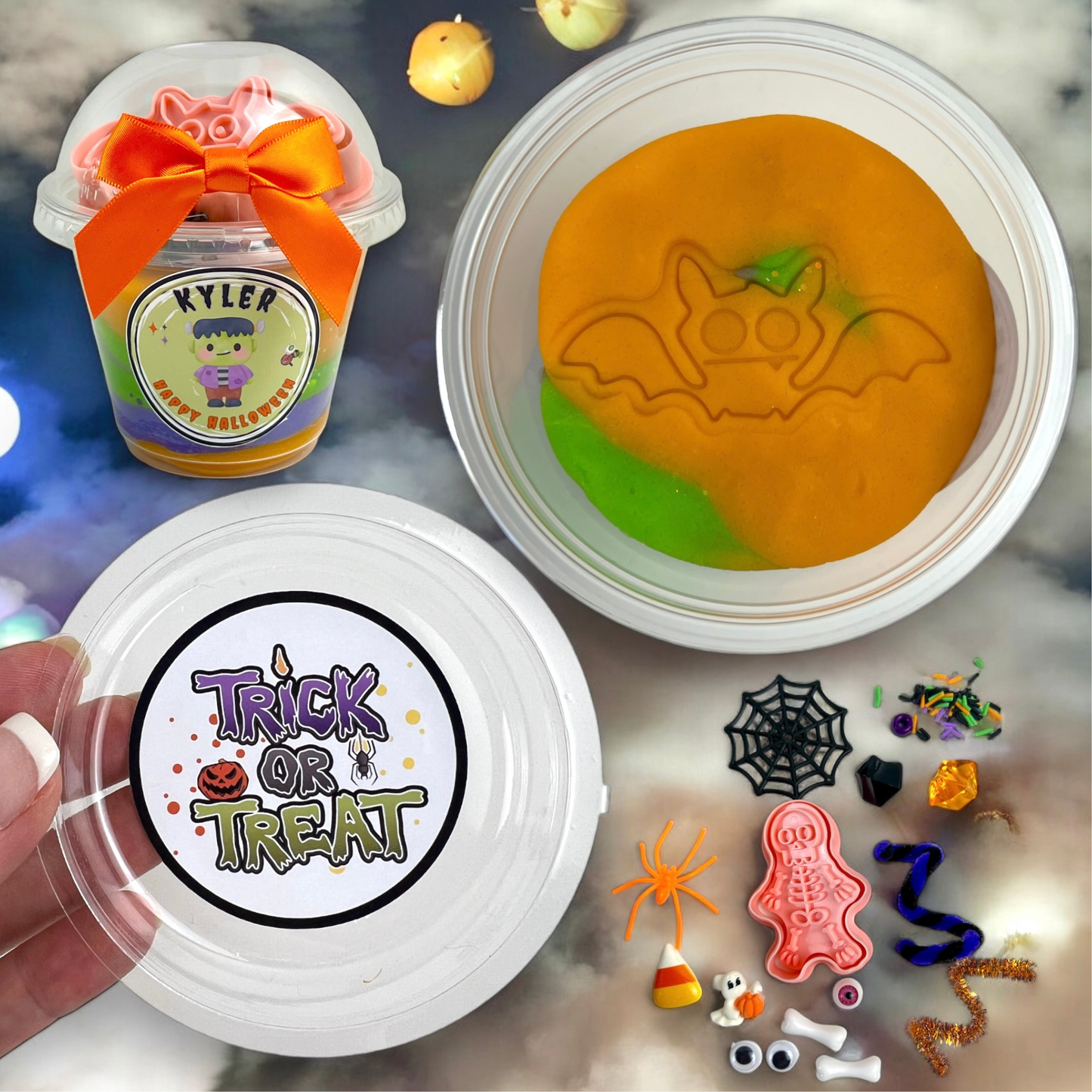 Personalized Halloween Scented Play Dough Favors with Themed Sensory Items - Kids Class Gifts & Party Favors - Halloween Activity