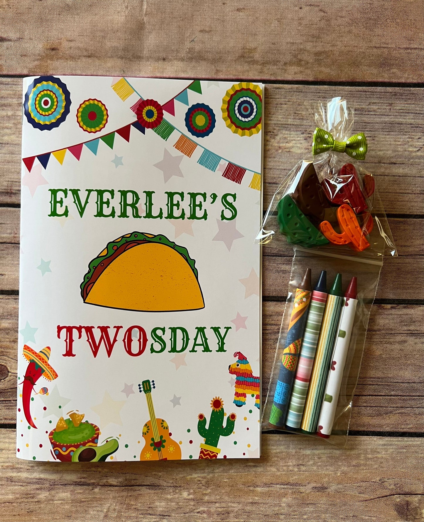 Kids Coloring books. Taco Twosday. Personalized. Party favors. Birthday favors. Fiesta. Taco crayons. birthday. I’m two. Cactus.