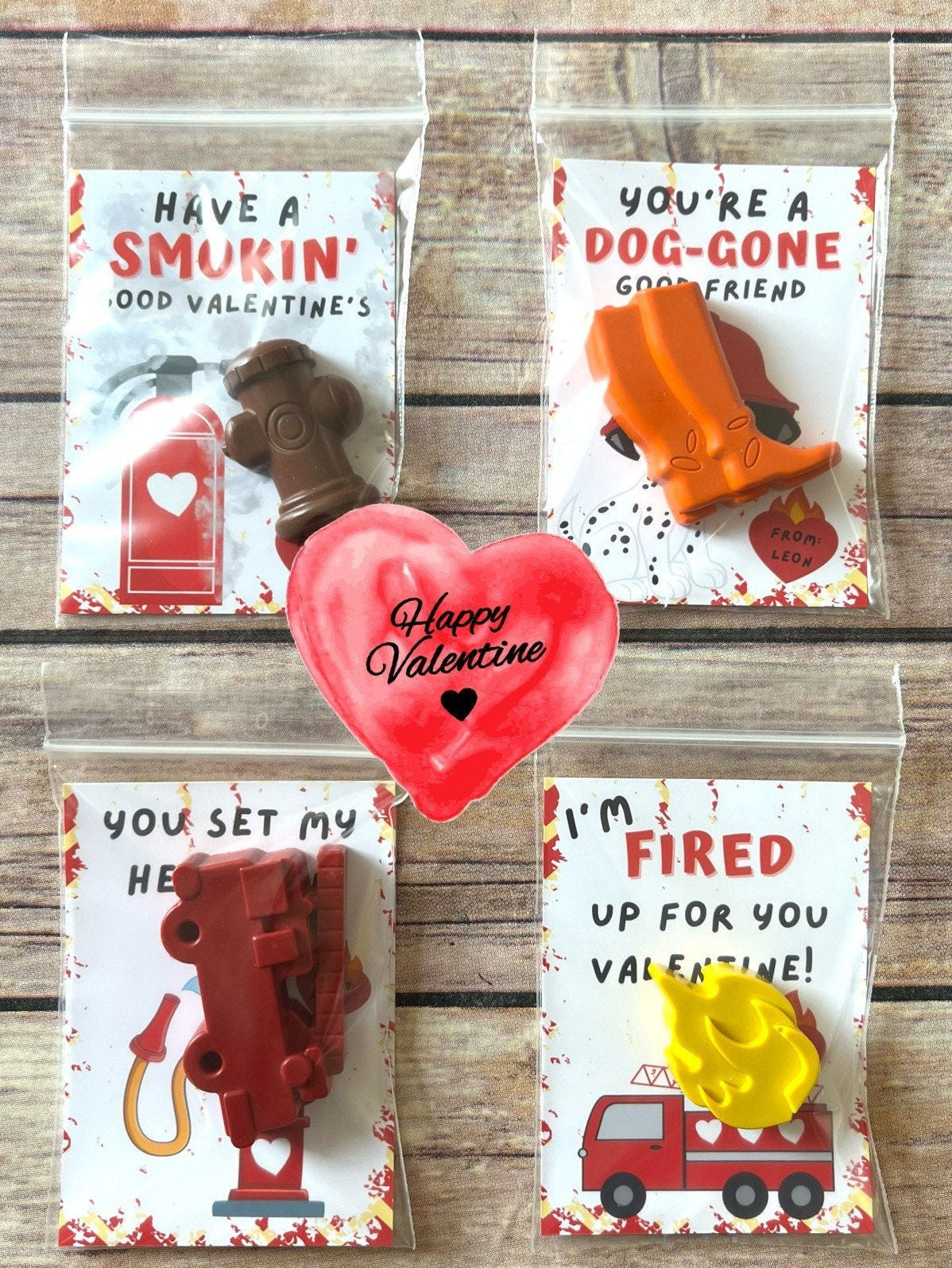 Fireman Valentines Cards. Kids. Fire truck crayons. Class favors. Valentines Day. Kids class favors with crayons. Firefighters valentines.