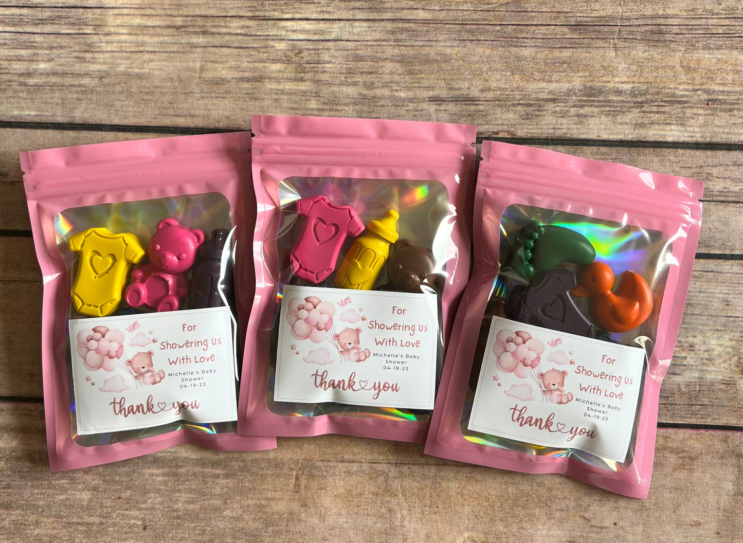 Pink baby shower favors. Kids baby Crayon sets. Personalized. Baby shaped crayons. Baby shower favor bags. Thank you favors.