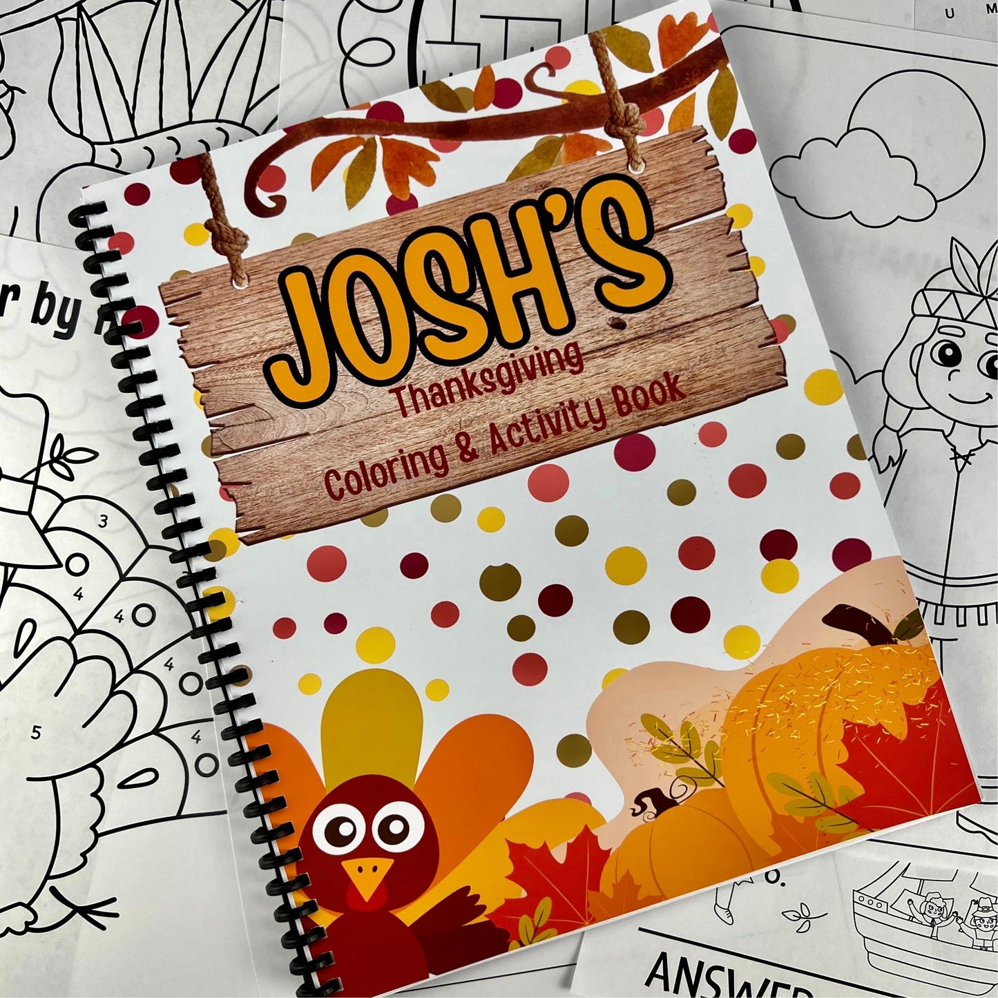 Thanksgiving Personalized Kids Coloring Books - Coloring Fun - Gifts for Holidays, Stocking Stuffers - Kids Thanksgiving Table Activities