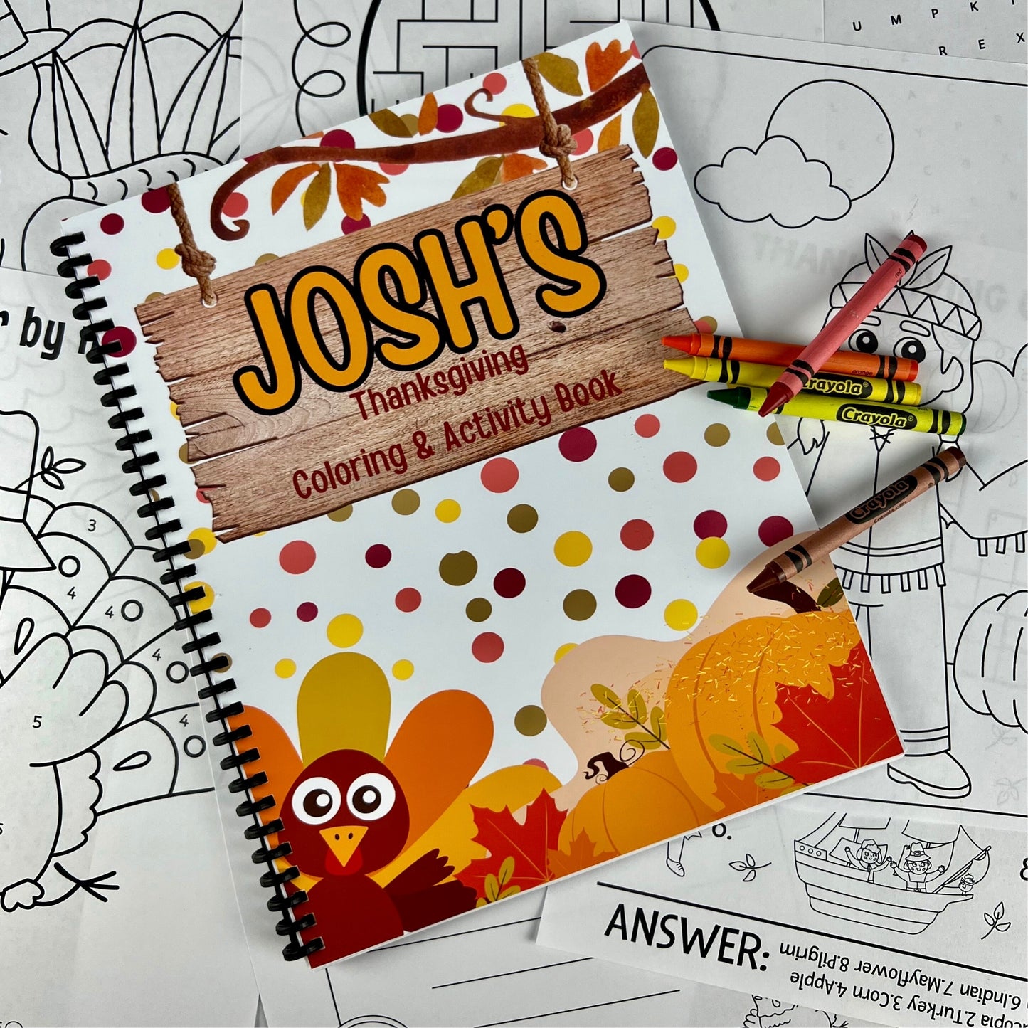 Thanksgiving Personalized Kids Coloring Books - Coloring Fun - Gifts for Holidays, Stocking Stuffers - Kids Thanksgiving Table Activities