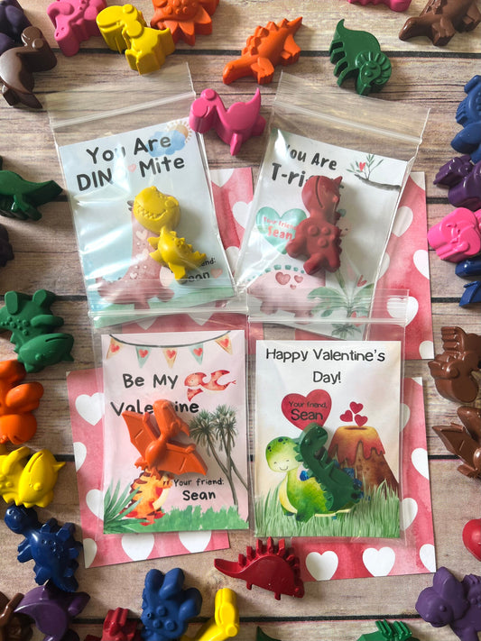 Dinosaur Valentines Cards. Kids. Dinosaur crayons. Class favors. Valentines Day. Kids class favors with crayons. Roar. Dinomite.