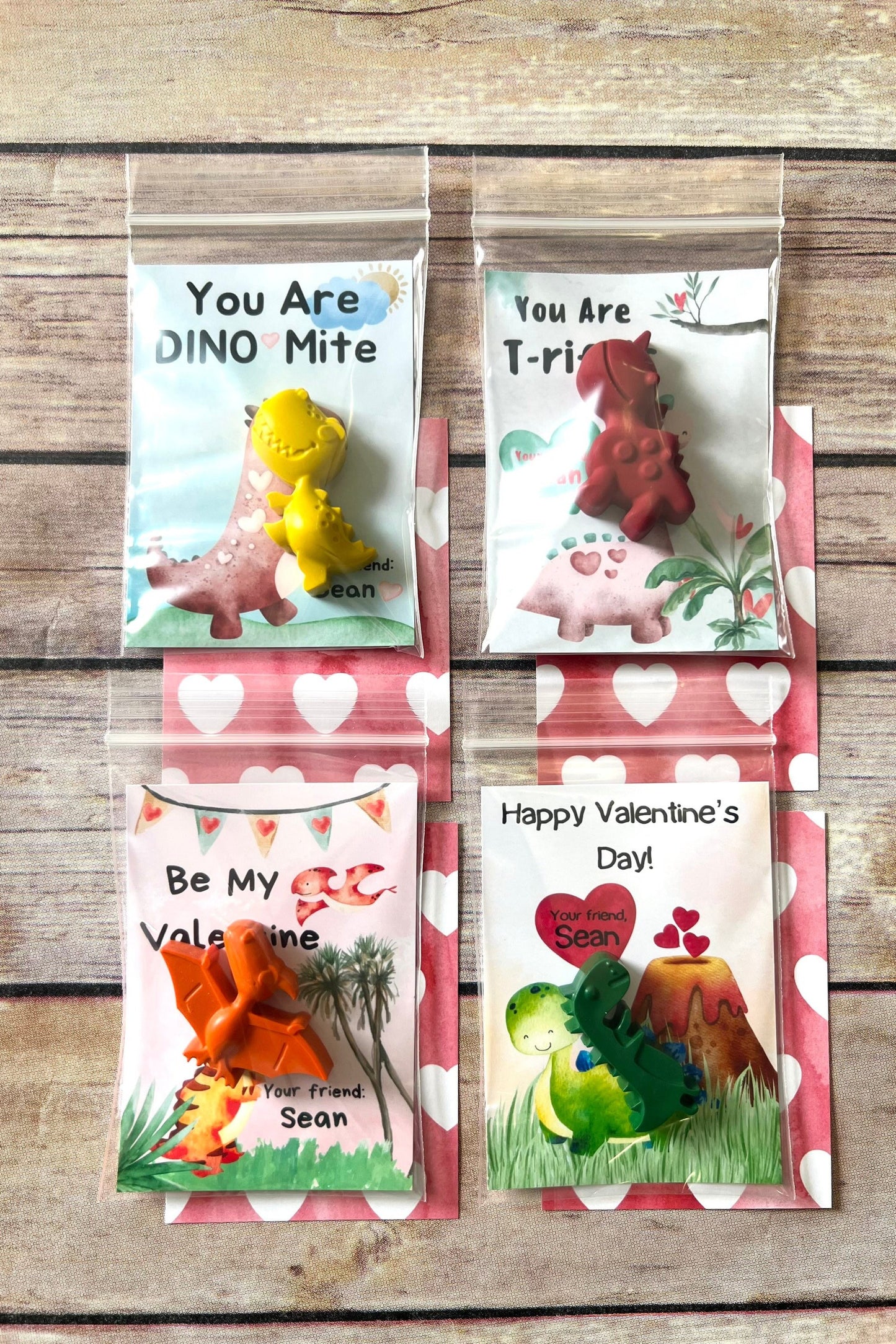 Dinosaur Valentines Cards. Kids. Dinosaur crayons. Class favors. Valentines Day. Kids class favors with crayons. Roar. Dinomite.