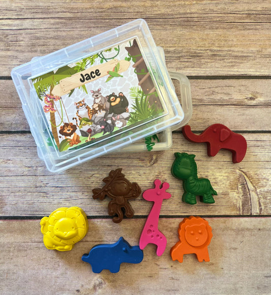 Safari Gift box set. Animal crayons. Thank you favors. Safari birthday. Class favors. Gifts. Jungle. Birthday. Personalized