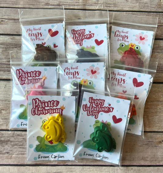 Frog Valentines Cards. Kids. Frog crayons. Class favors. Valentines Day. Kids class favors with crayons. My heart leaps for you. Love