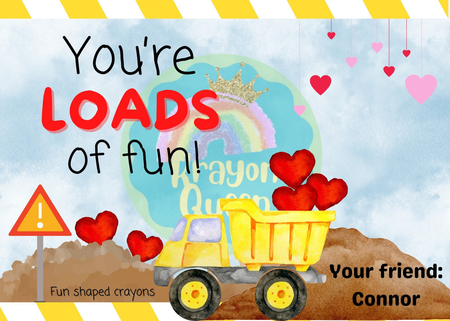 Construction kids valentines cards. Truck crayon sets. Construction valentines crayons. Valentine’s Day. Kids Class favors.