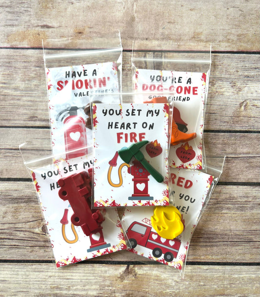 Fireman Valentines Cards. Kids. Fire truck crayons. Class favors. Valentines Day. Kids class favors with crayons. Firefighters valentines.