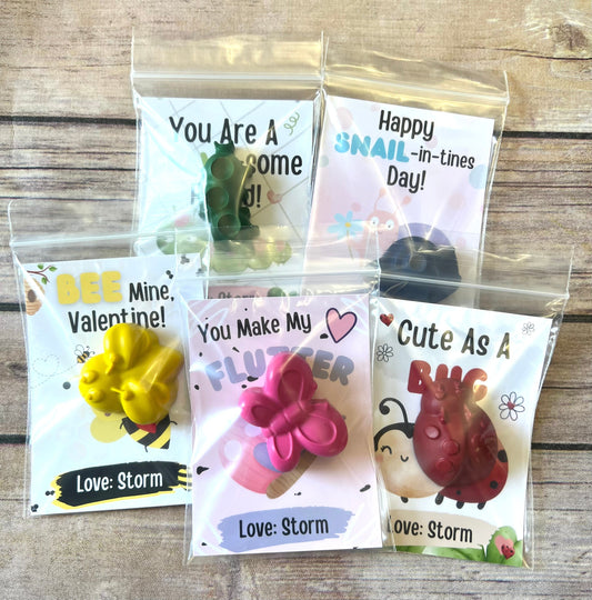 Insect Valentine Cards. Kids. Butterfly crayons. Class favors. Valentines Day. Kids class favors with crayons. Bee valentines.