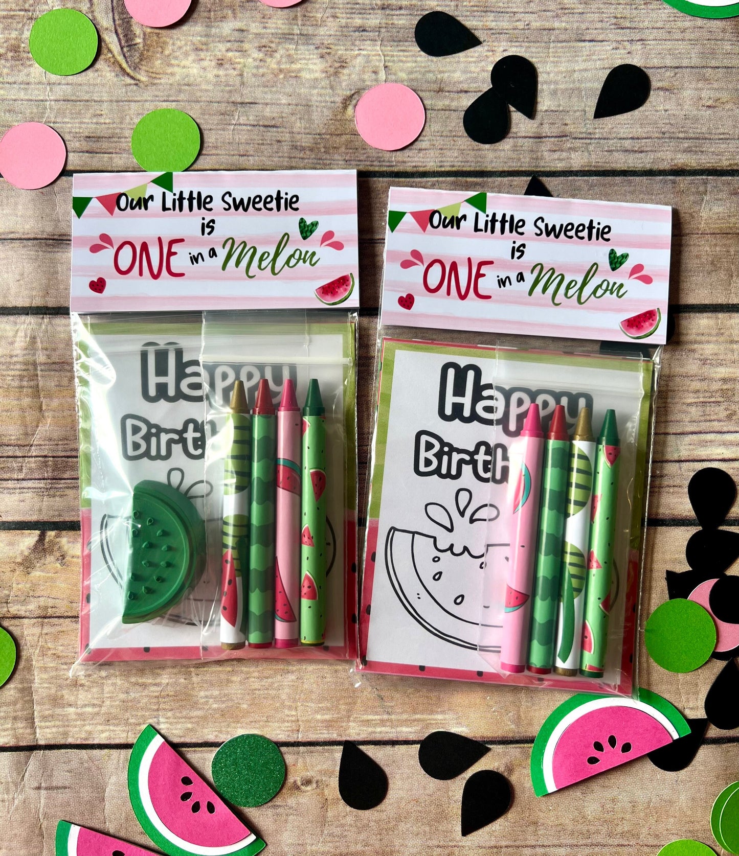 One in a melon mini Color Packs. Personalized. Party favors. Kids gifts. Class favors. Watermelon crayons. Birthday favors. Goodie bags.