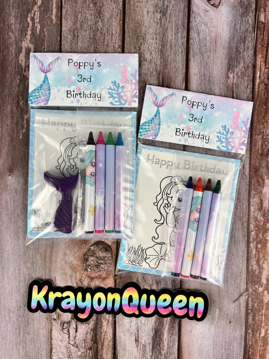 Personalized mermaid coloring packs for birthday party favors, mermaid crayons for birthday parties, party activities for kids parties