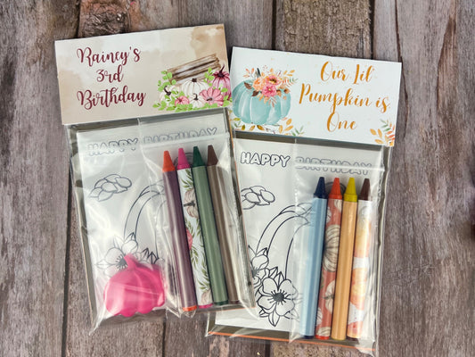 Personalized Pumpkin Color Packs; Perfect Party Favors, Kids Gifts, and Class Favors for Birthdays; colorful pumpkin and leaf crayons