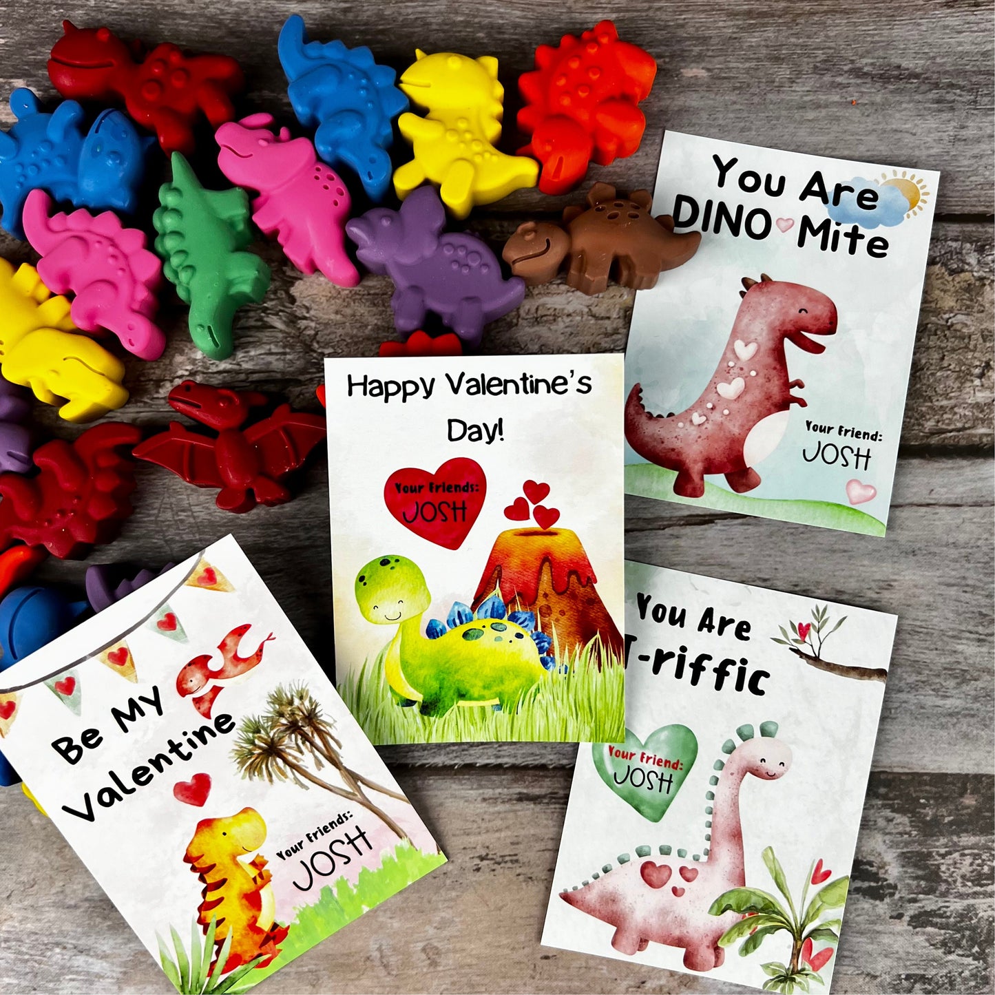 Personalized Dinosaur Valentines Cards with Dinosaur Crayons - Kids' Classroom Favors for Valentine's Day