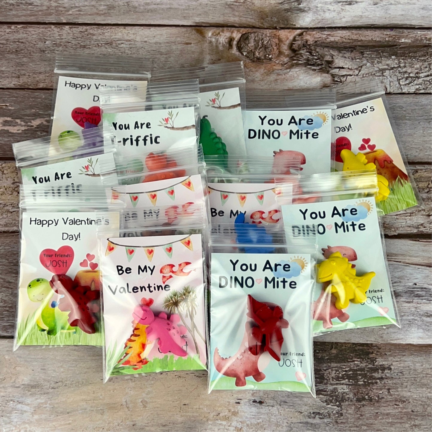 Personalized Dinosaur Valentines Cards with Dinosaur Crayons - Kids' Classroom Favors for Valentine's Day