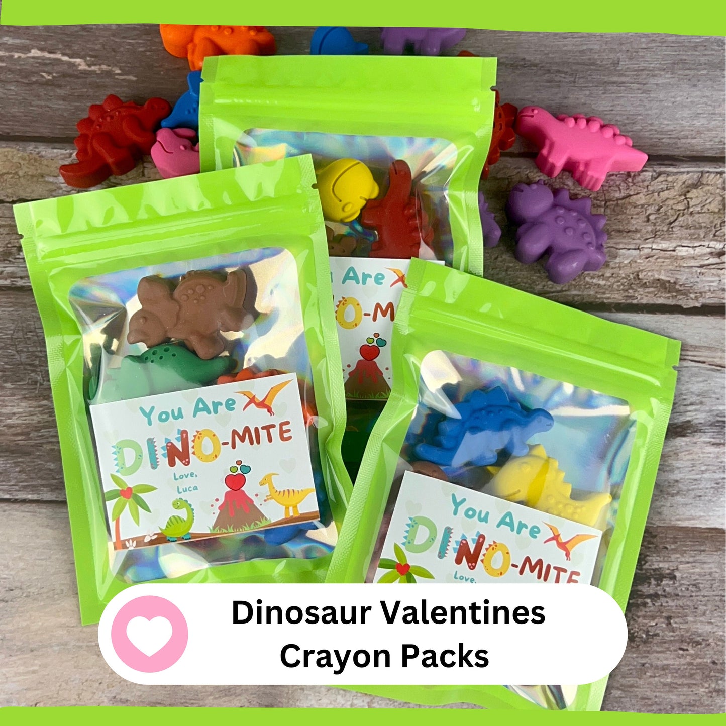 Kids Personalized Dinosaur Valentine Crayon Packs - Ideal for Class Favors