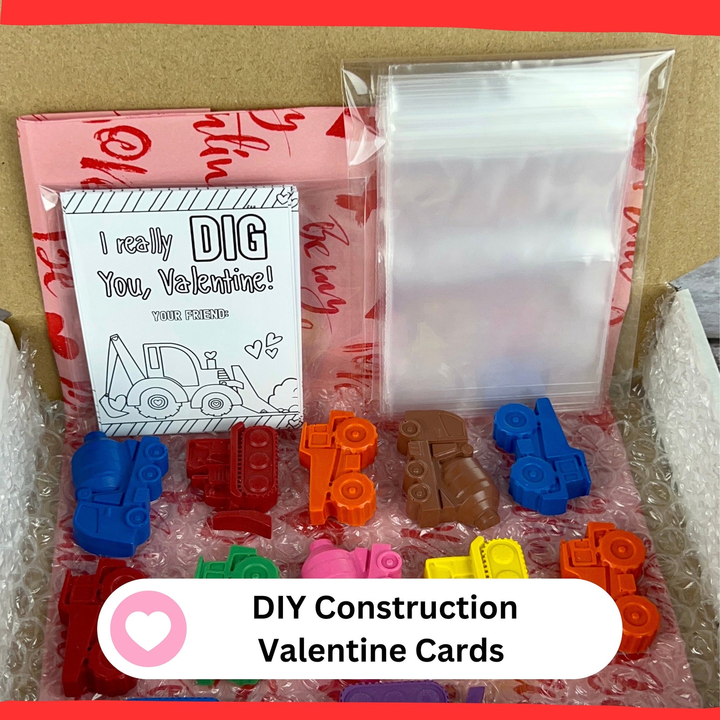 Construction-Themed Valentine's Day Cards - DIY Kit with Truck-Shaped Crayons – Perfect for Classroom Gifts