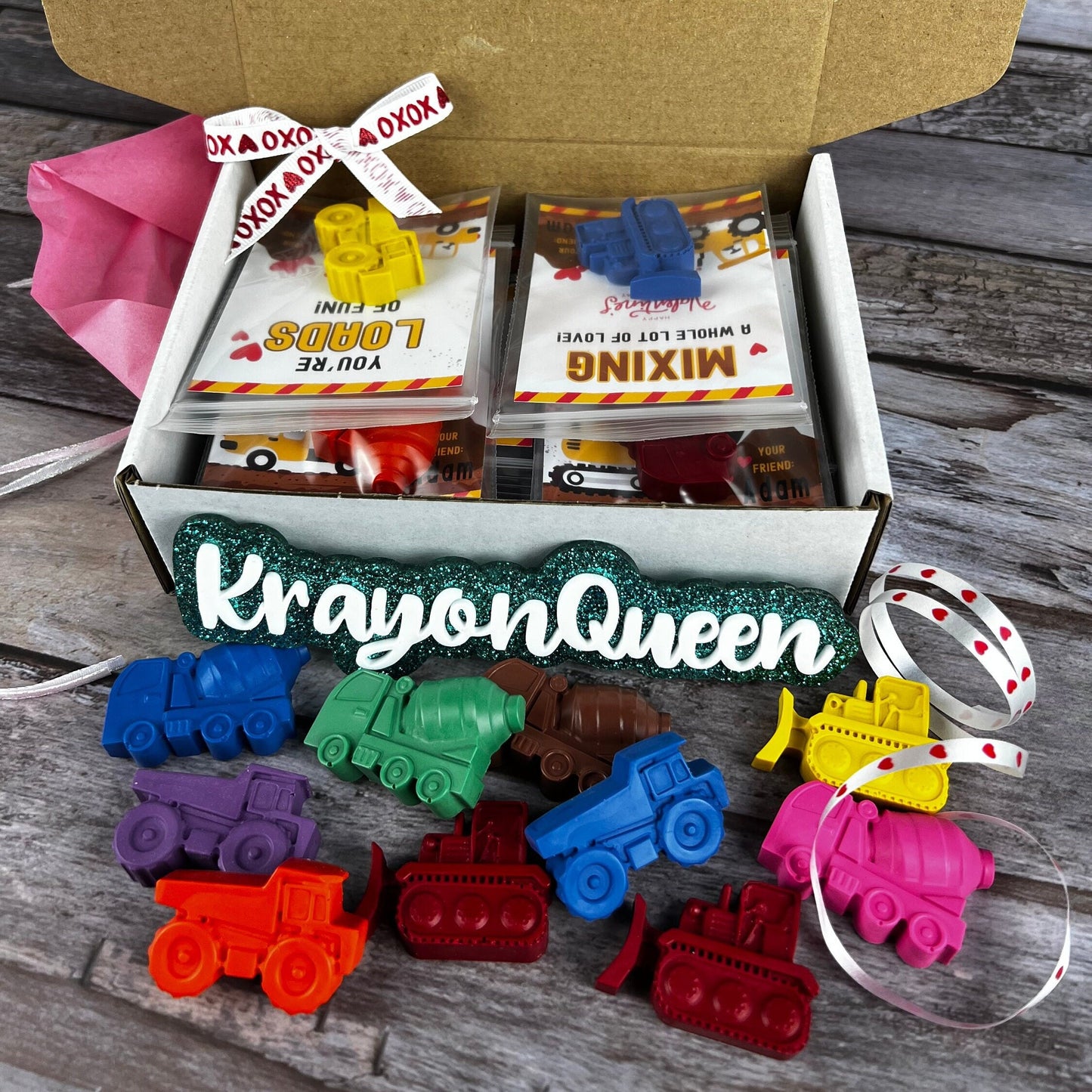 Personalized Construction-Themed Valentine's Day Cards with Truck Crayons - Perfect Class Favors