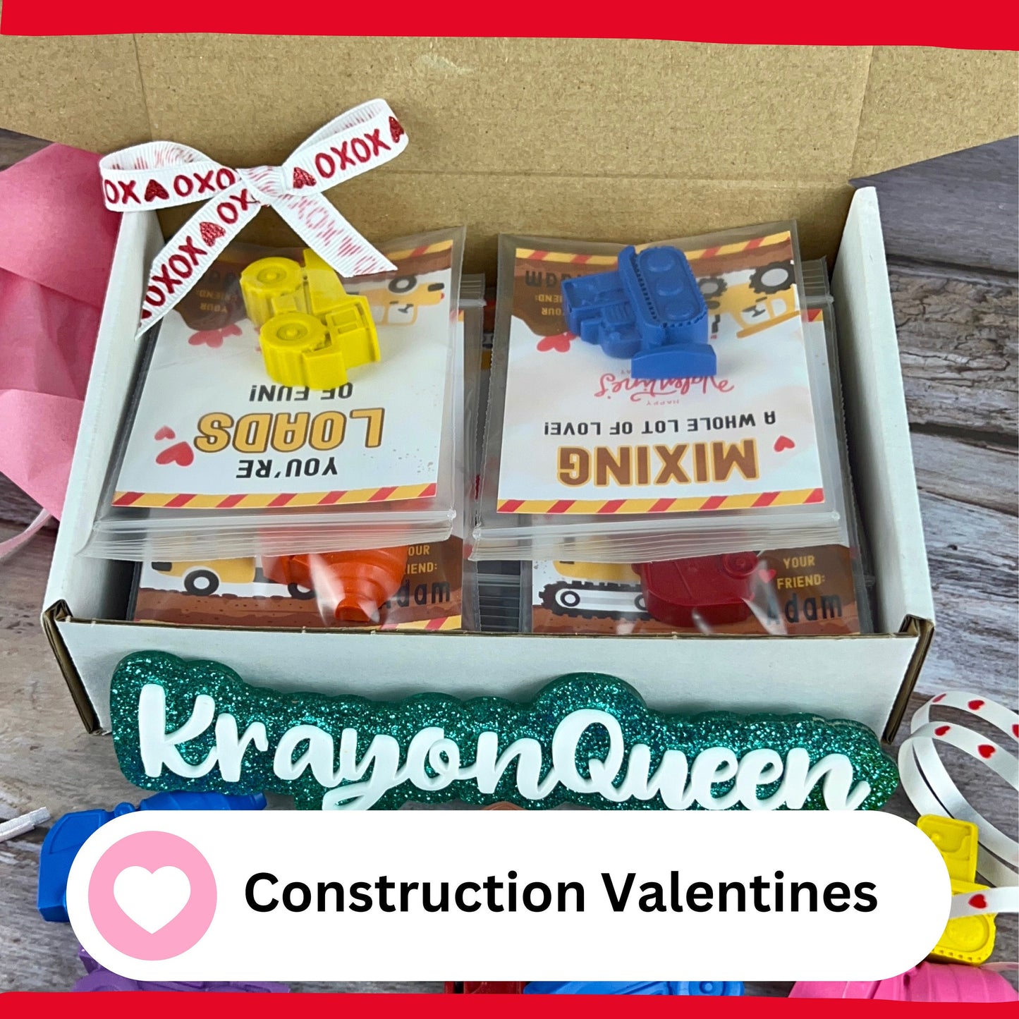 Personalized Construction-Themed Valentine's Day Cards with Truck Crayons - Perfect Class Favors