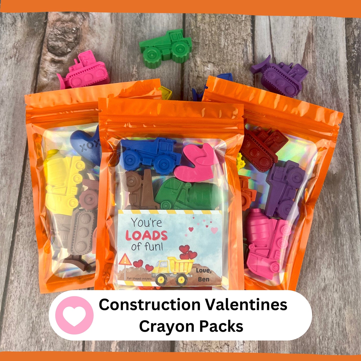 Personalized Kids Valentine Truck Crayon Sets - Construction Theme - Ideal for Classroom Favors and Gift Exchange