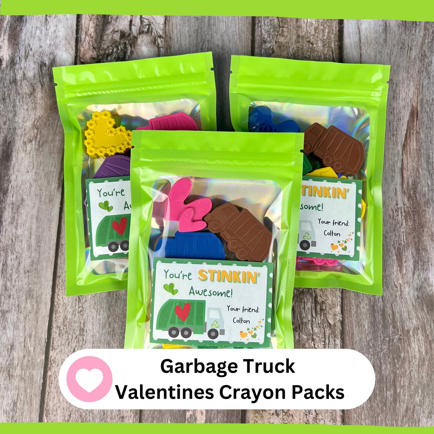 Personalized Garbage Truck Kids Valentines Cards with Crayon Sets - Ideal for Valentine's Day and Kids' Class Favors