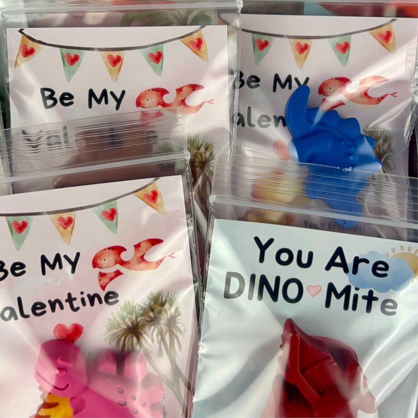 Personalized Dinosaur Valentines Cards with Dinosaur Crayons - Kids' Classroom Favors for Valentine's Day