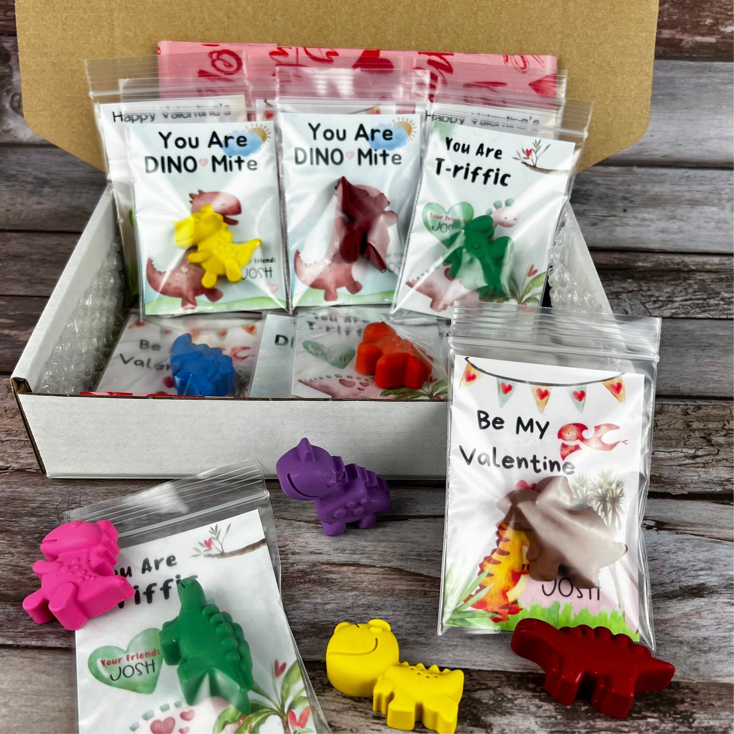 Personalized Dinosaur Valentines Cards with Dinosaur Crayons - Kids' Classroom Favors for Valentine's Day