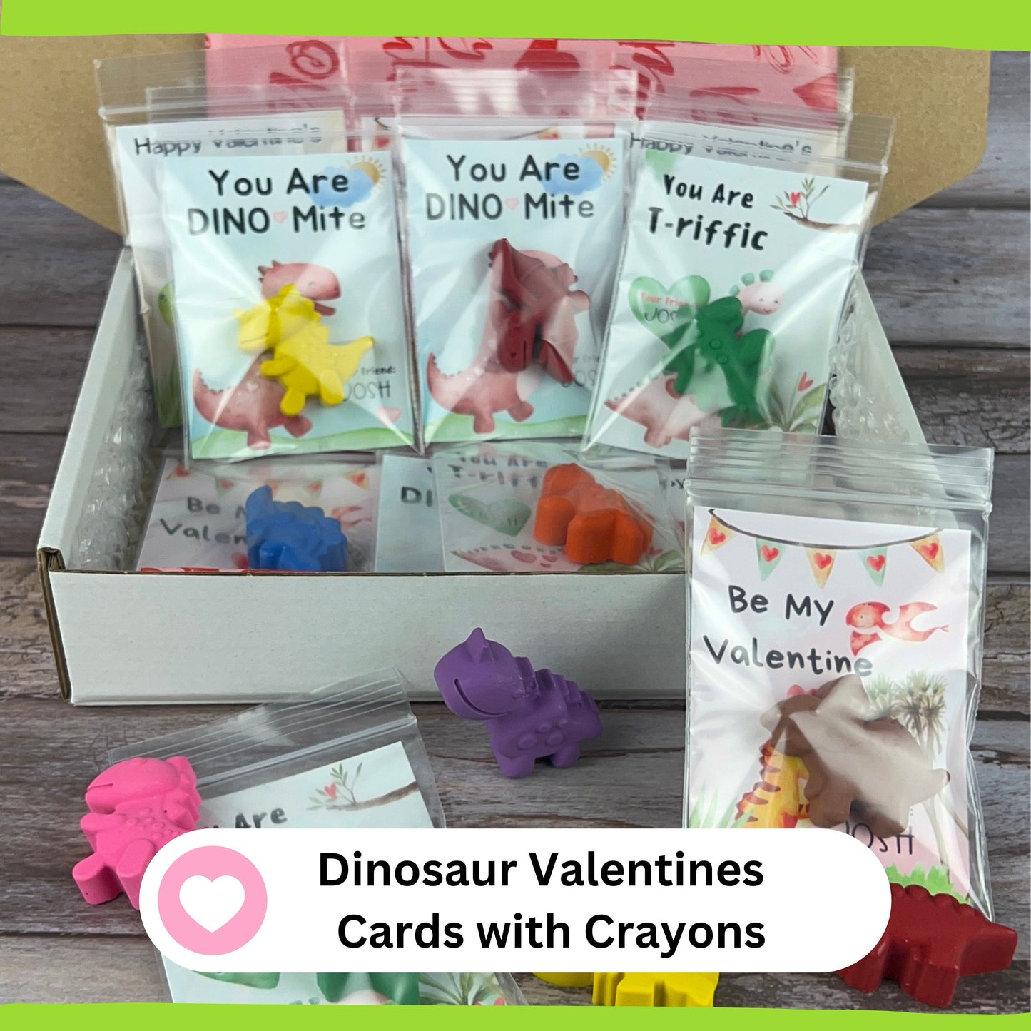 Personalized Dinosaur Valentines Cards with Dinosaur Crayons - Kids' Classroom Favors for Valentine's Day