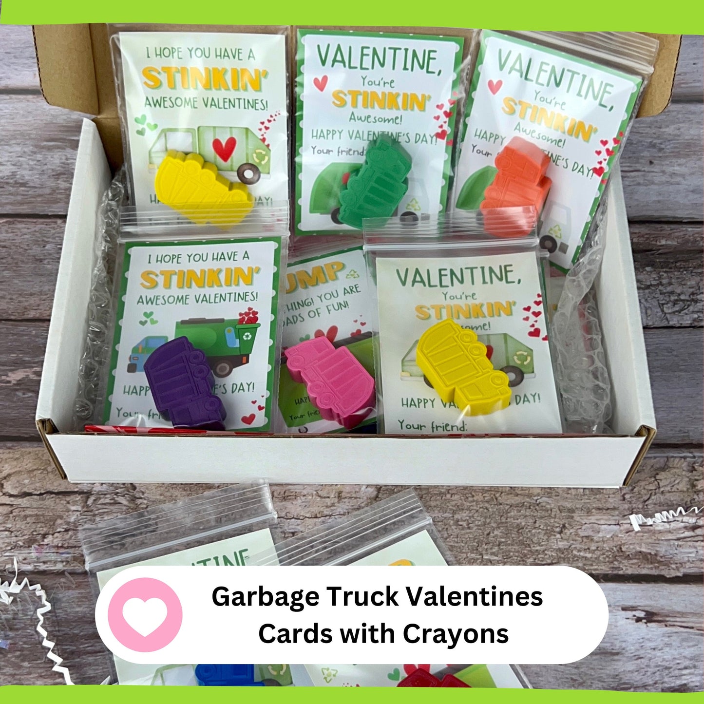 Personalized Garbage Truck-Themed Valentine's Day Cards with Truck Crayons - Perfect Class Favors