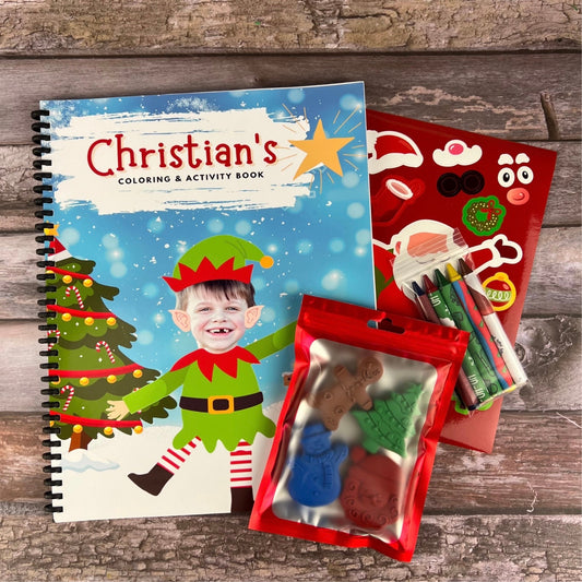 Personalized Christmas Elf Color Books - Kids Coloring Fun - Unique Gifts for Birthdays, Holidays, Stocking Stuffers - Christmas Crayon Sets