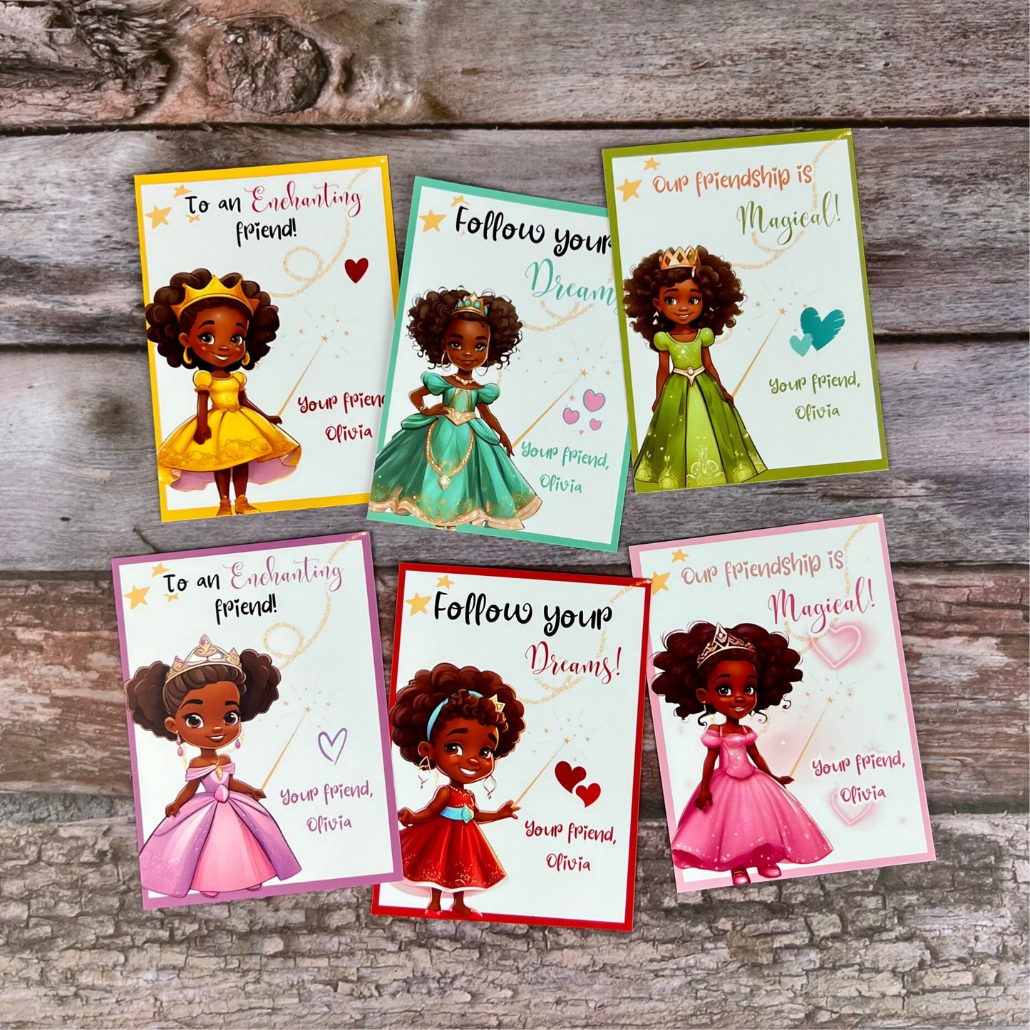 African American Princess Valentines Cards with Crayons - Ideal Kids Class Favors for Valentine's Day