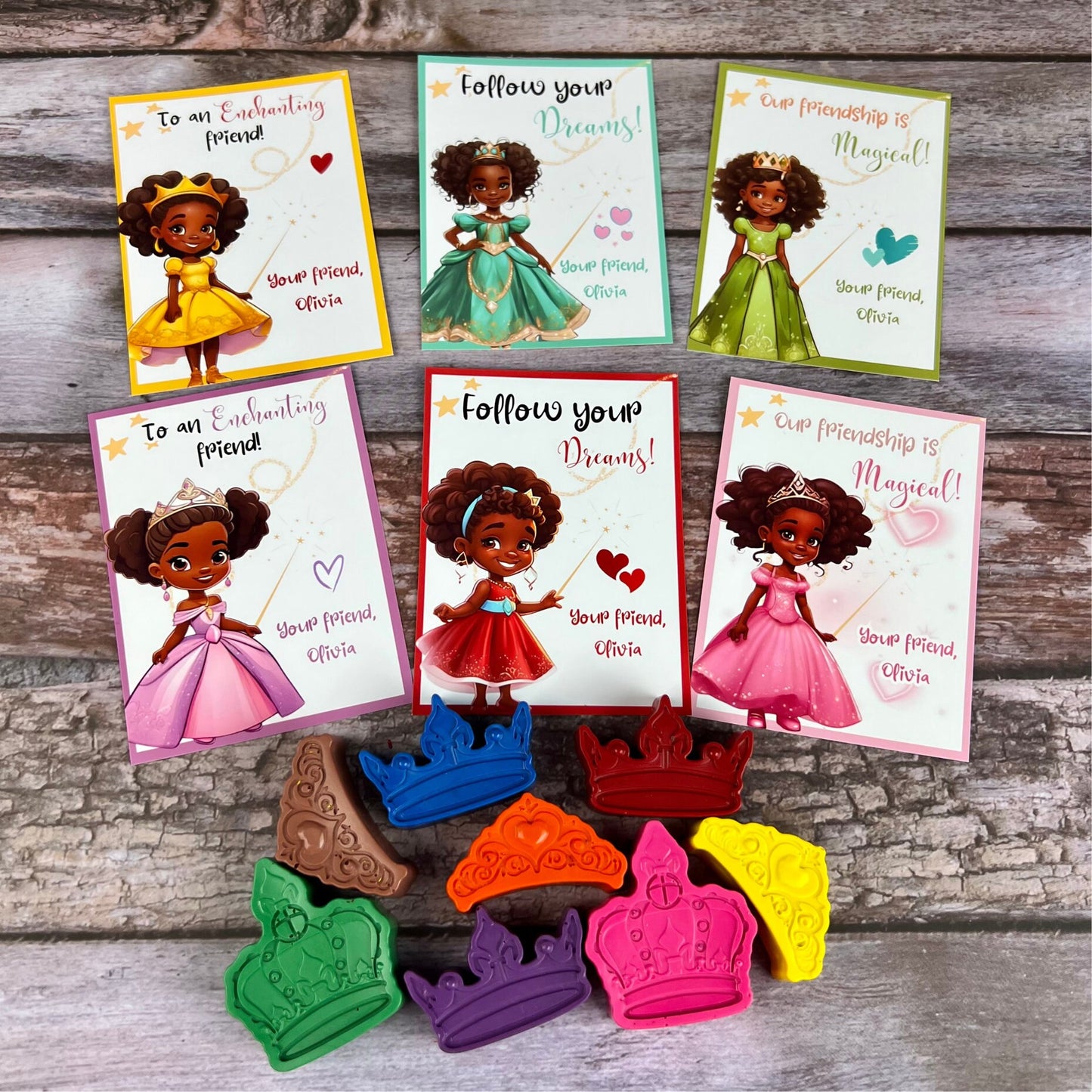 African American Princess Valentines Cards with Crayons - Ideal Kids Class Favors for Valentine's Day