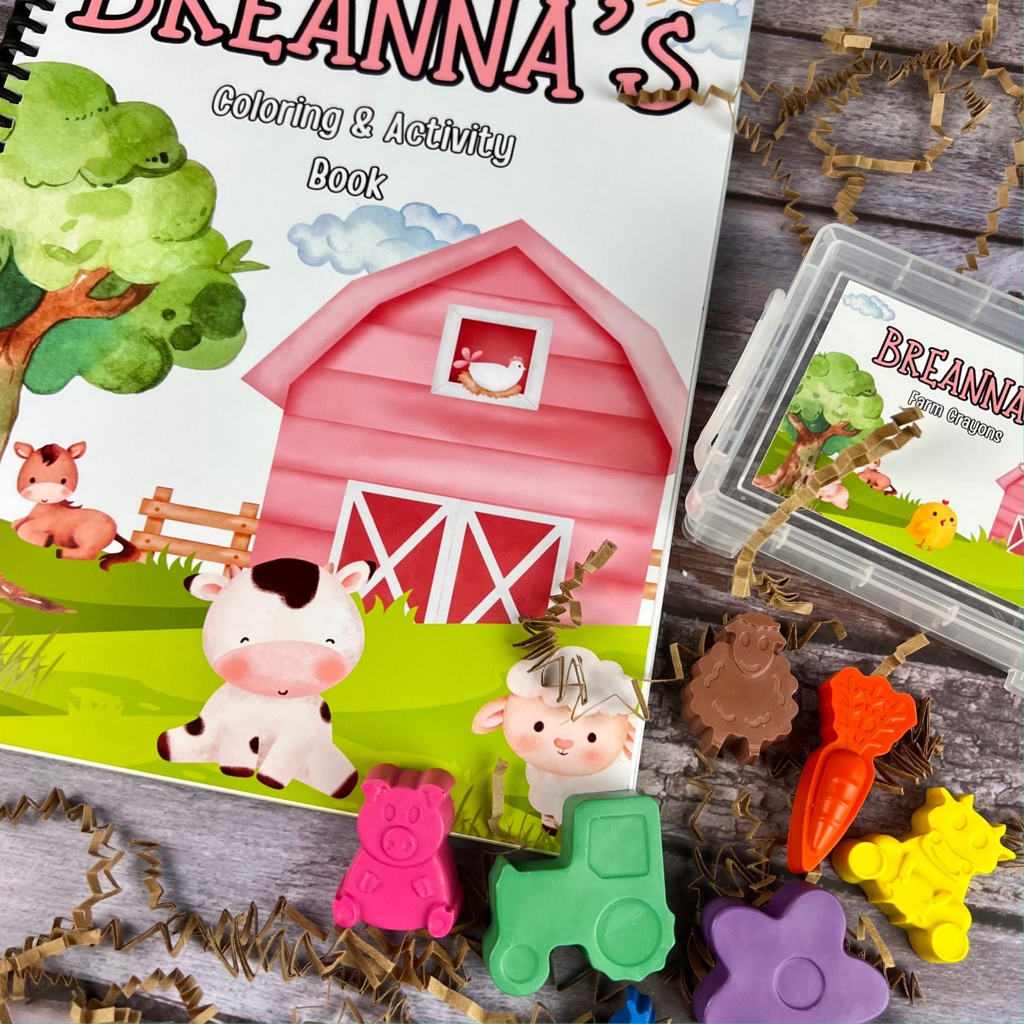 Customized Kids' Farm Animal Activity Books - Unique Gift Set with Farm Animal Crayon Box