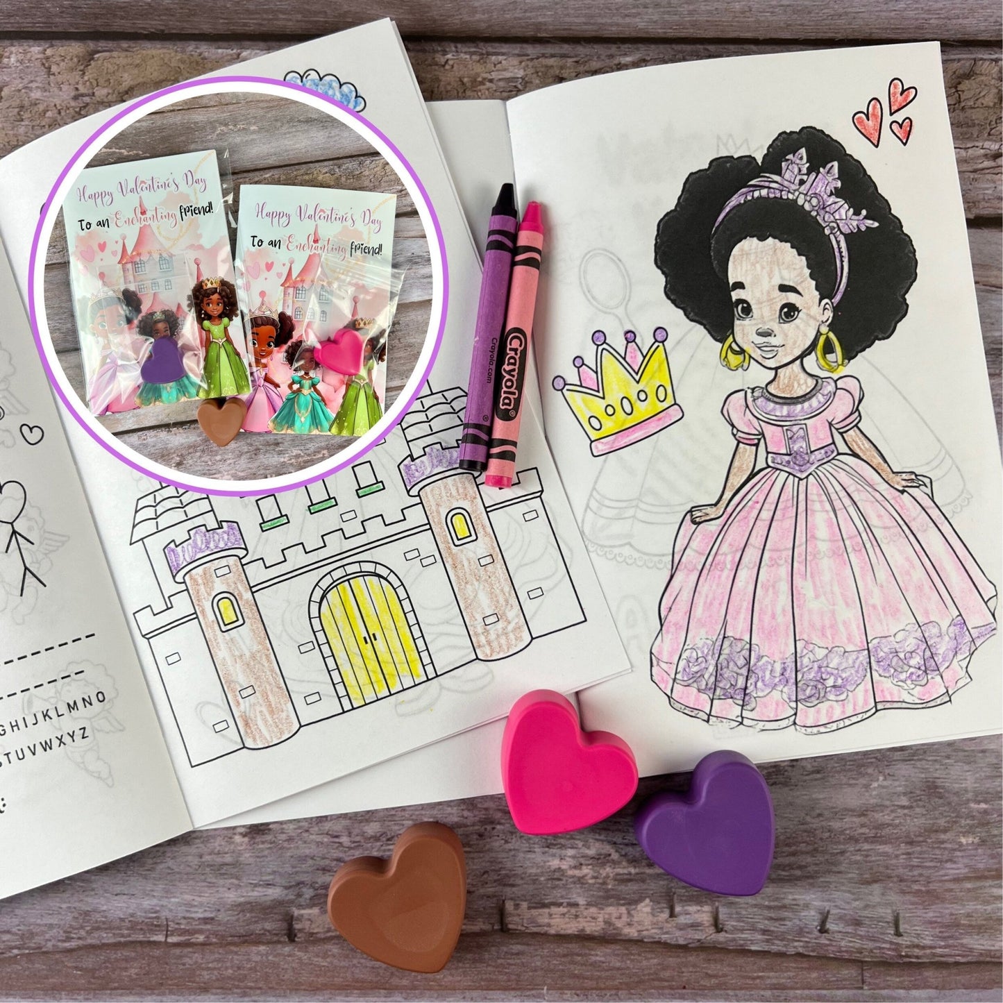 African American Princess Valentines Coloring & Activity Books with Crayons - Ideal for Kids' Classroom Valentine Favors - KrayonQueen