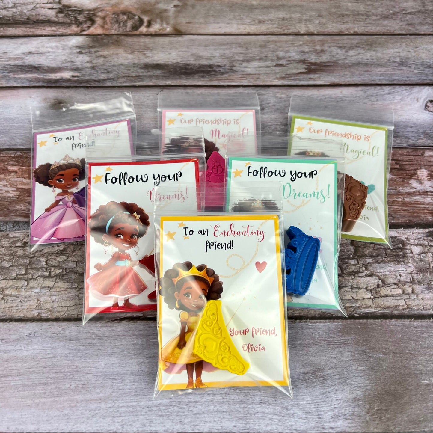 African American Princess Valentines Cards with Crayons - Ideal Kids Class Favors for Valentine's Day