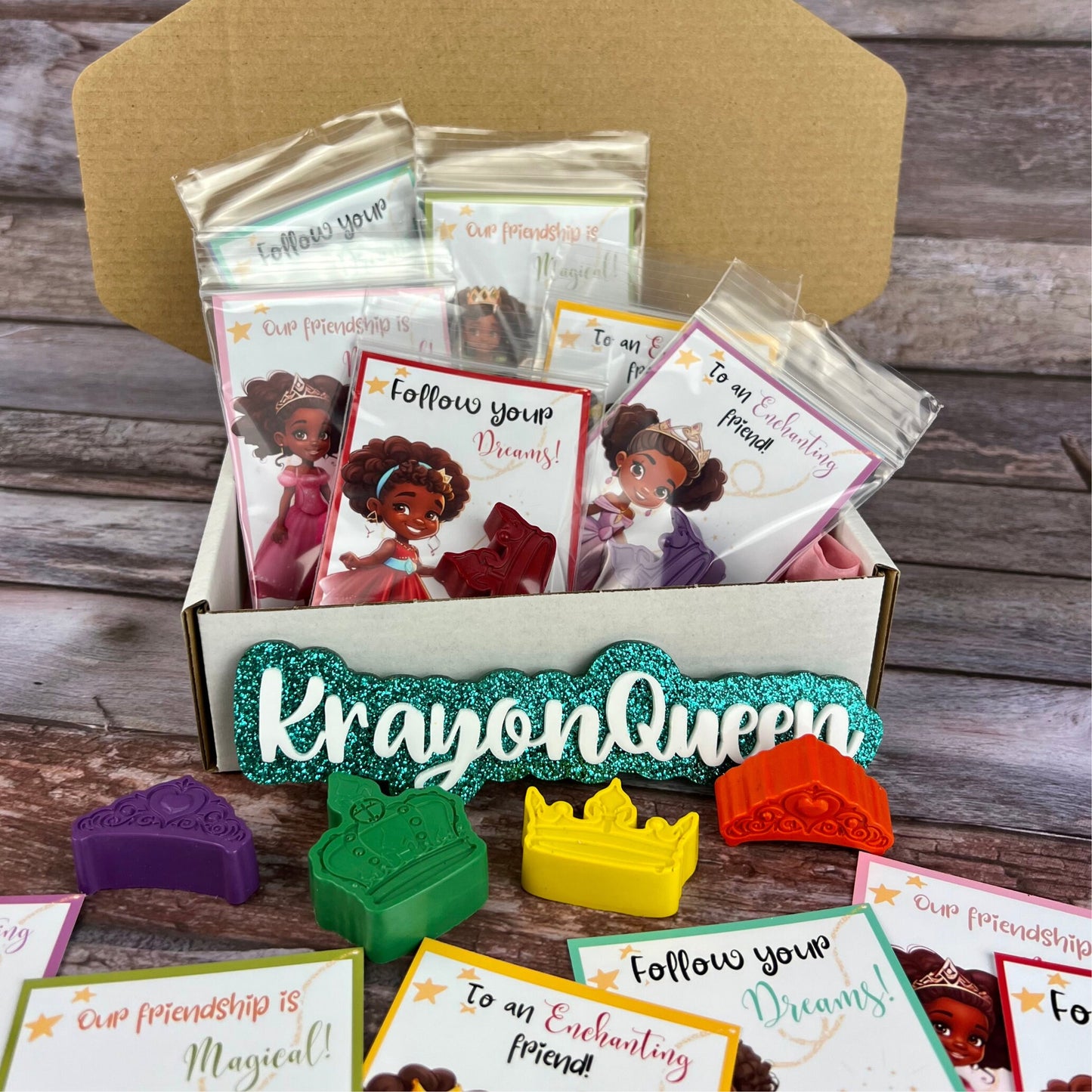 African American Princess Valentines Cards with Crayons - Ideal Kids Class Favors for Valentine's Day