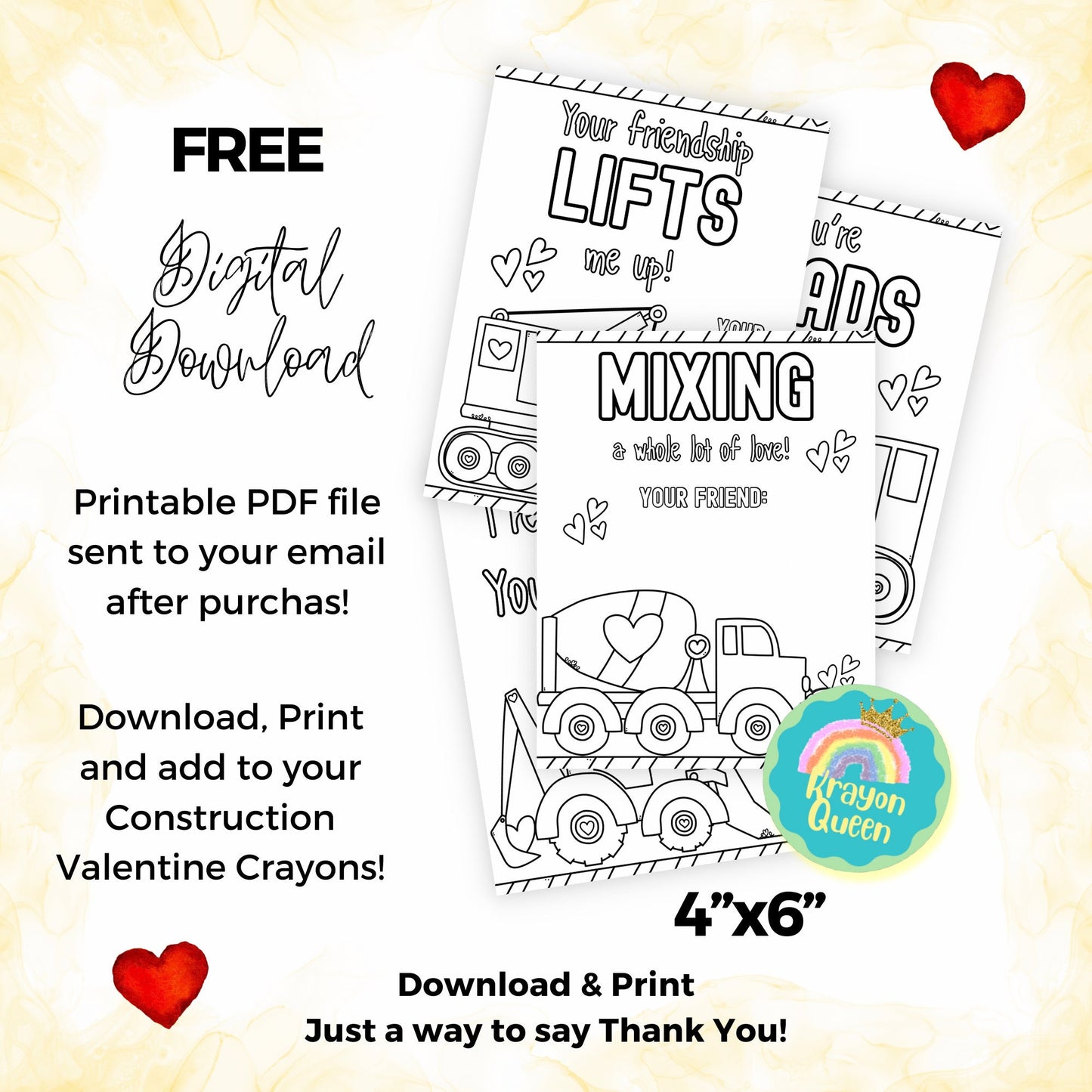 Construction kids valentines cards. Truck crayon sets. Construction valentines crayons. Valentine’s Day. Kids Class favors.