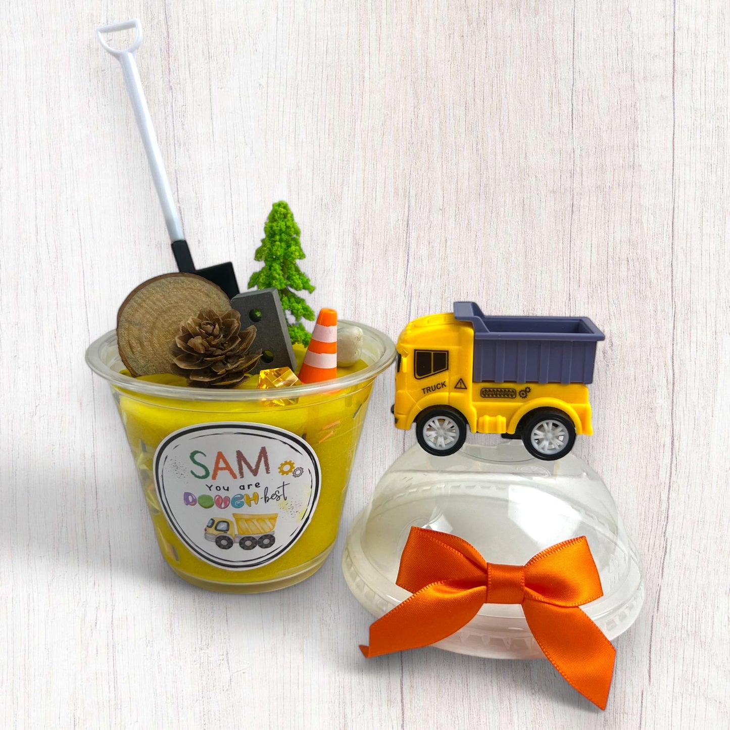 Personalized Construction Themed Kids Travel Play Dough Kit - Sensory Activity for Gifts & Party Favors with Play Dough Mats