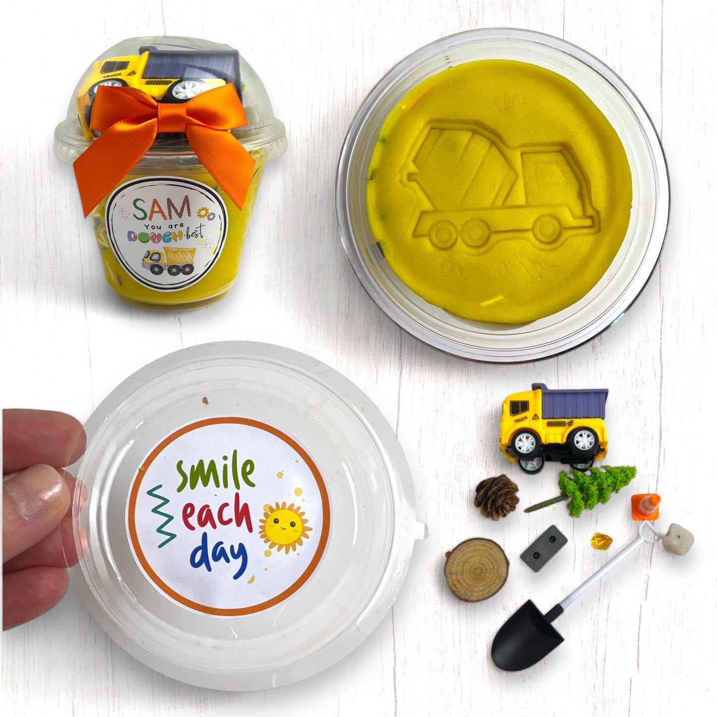 Personalized Construction Themed Kids Travel Play Dough Kit - Sensory Activity for Gifts & Party Favors with Play Dough Mats